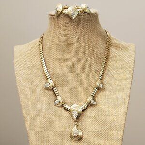 Vintage, gold tone thick choker necklace drop rhinestones  matching bracelet set